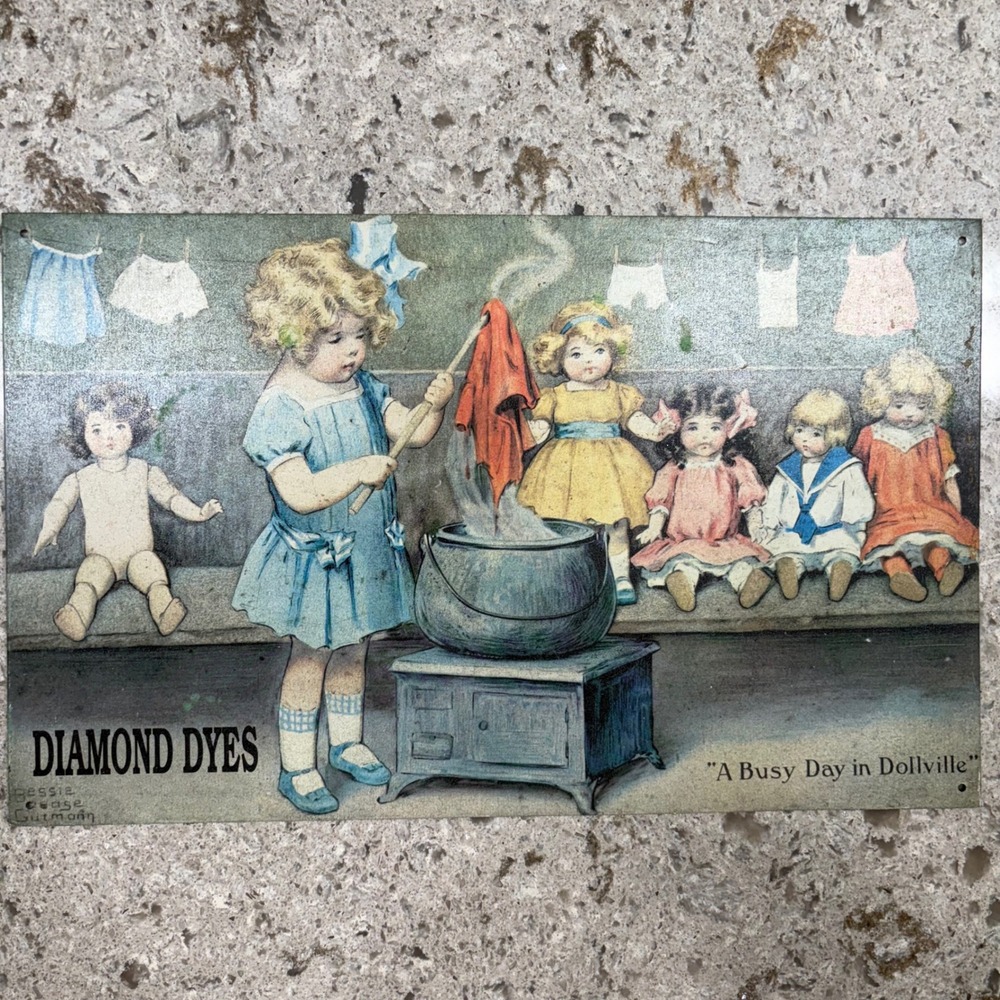 Diamond Dyes Metal Sign A Busy Day in Dollville Vintage Style Wall Decor